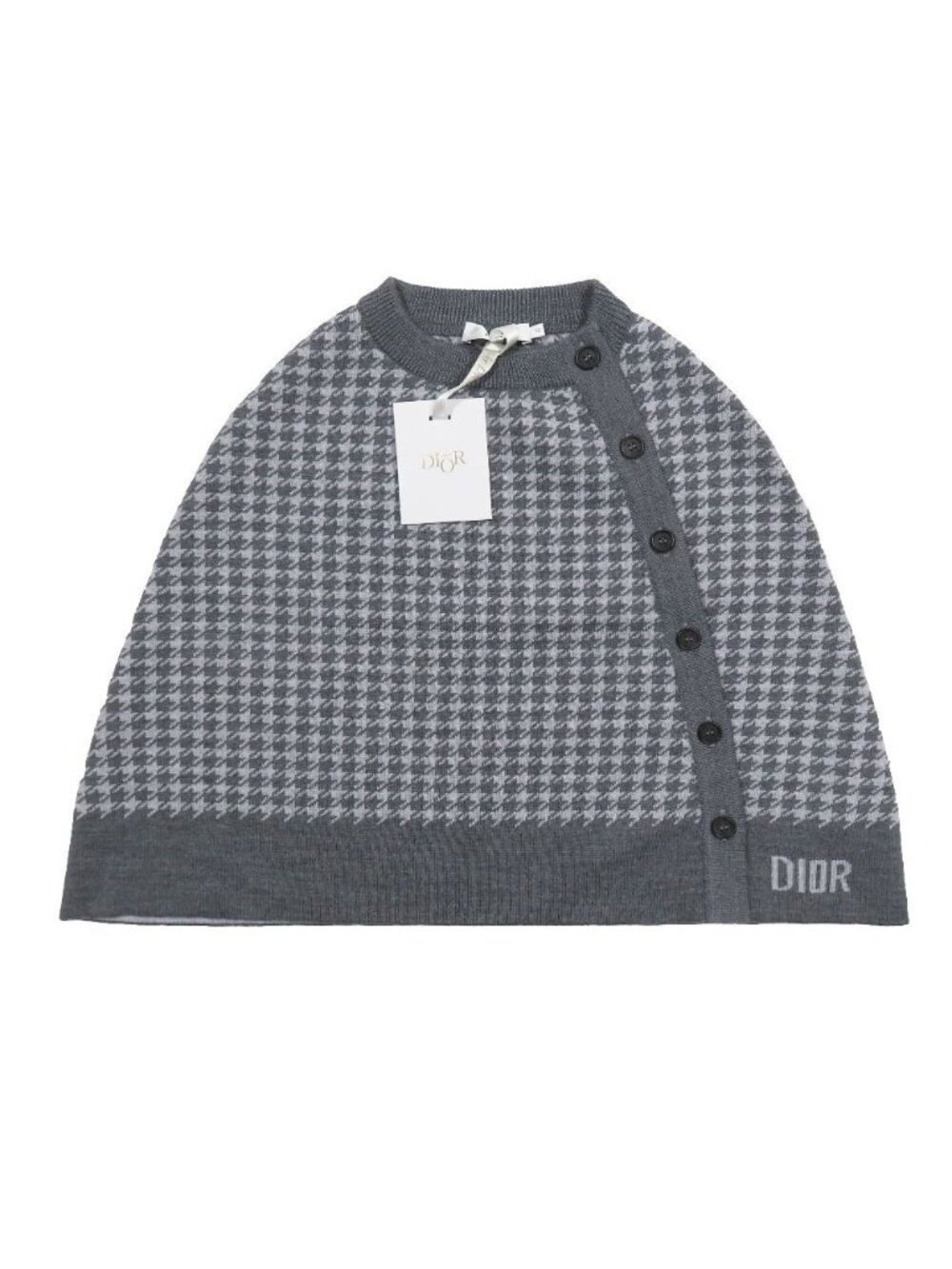 Dior Kids Children's Baby Wool Knit Poncho Cloak Cover Houndstooth Logo Gray T2
